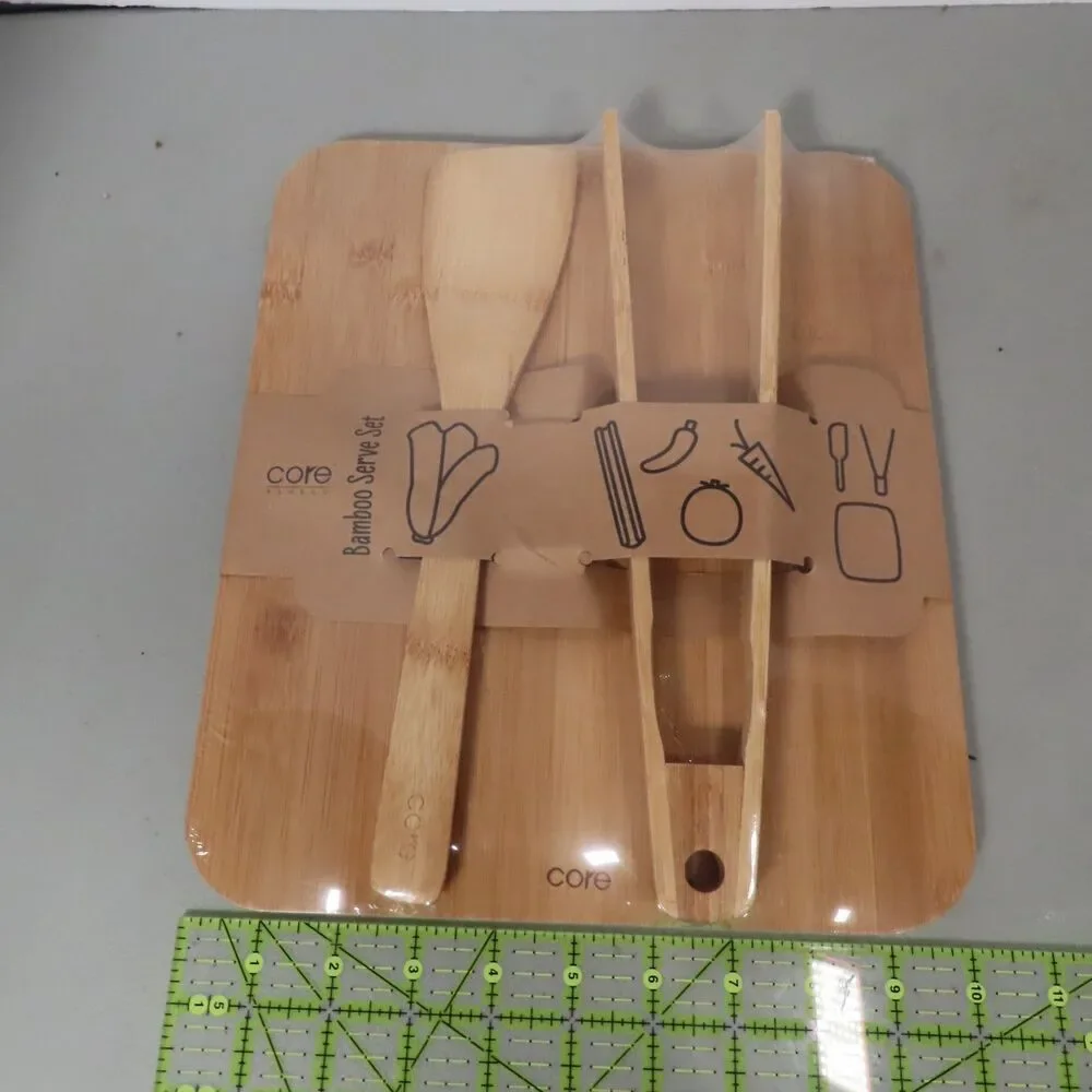 *New* Core Bamboo ~ Bamboo Serve Set ~ Serving Board Spatula Tongs ~ Sealed